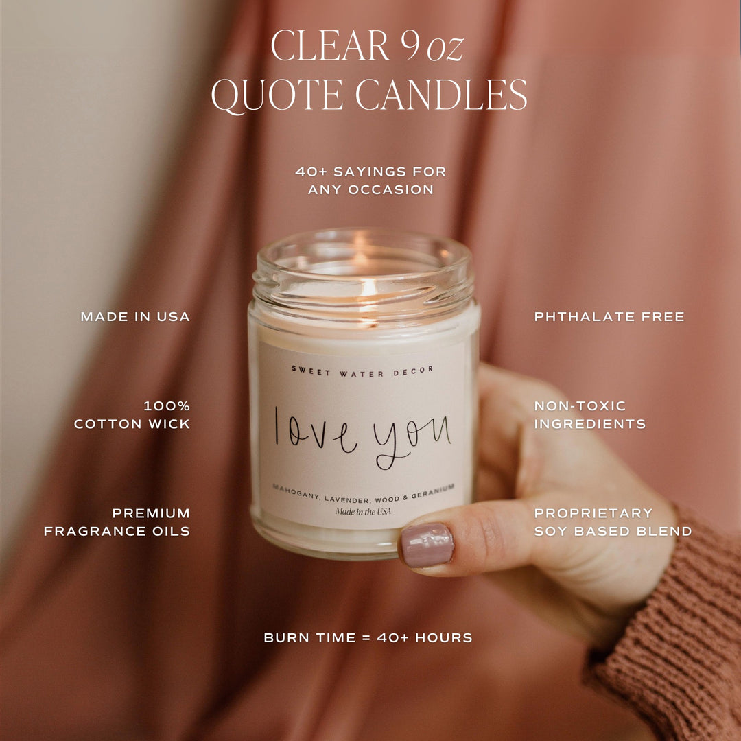 Chic Collective clear 9 oz soy candle with "love you" text, Island Air scent, 40+ hour burn time.
