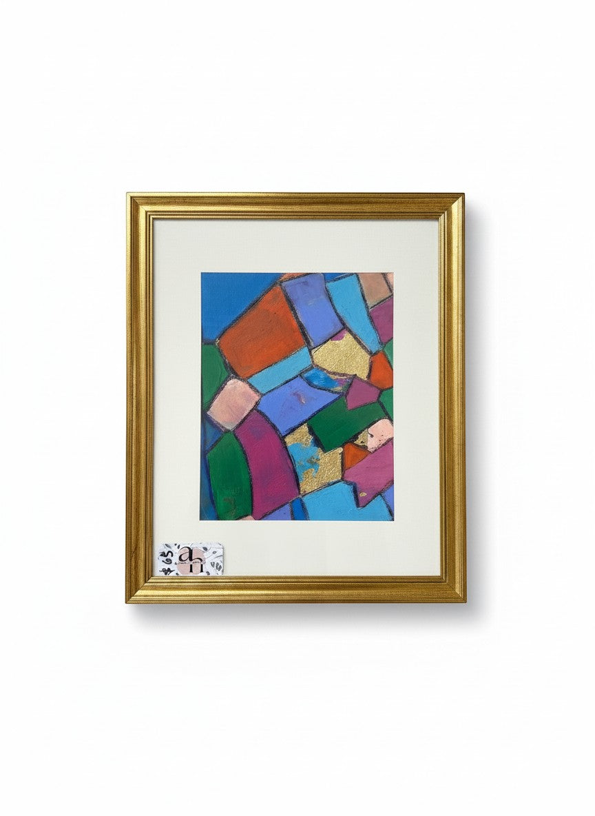 Chic Collective abstract art with jewel tones, gold leaf accents, and charcoal outlines. Framed.