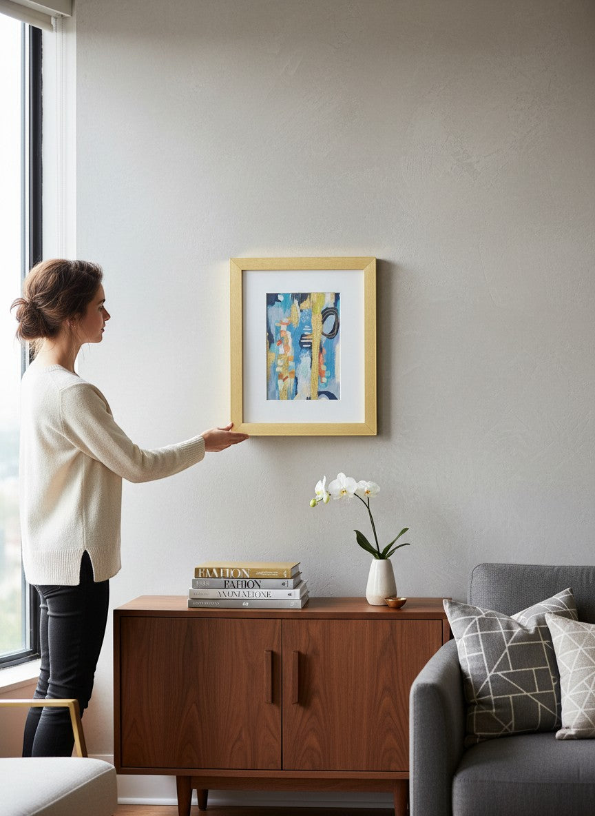 Chic Collective abstract artwork with coral, ivory, navy, sage, and sky blue hues, gold accents, and a gold frame.