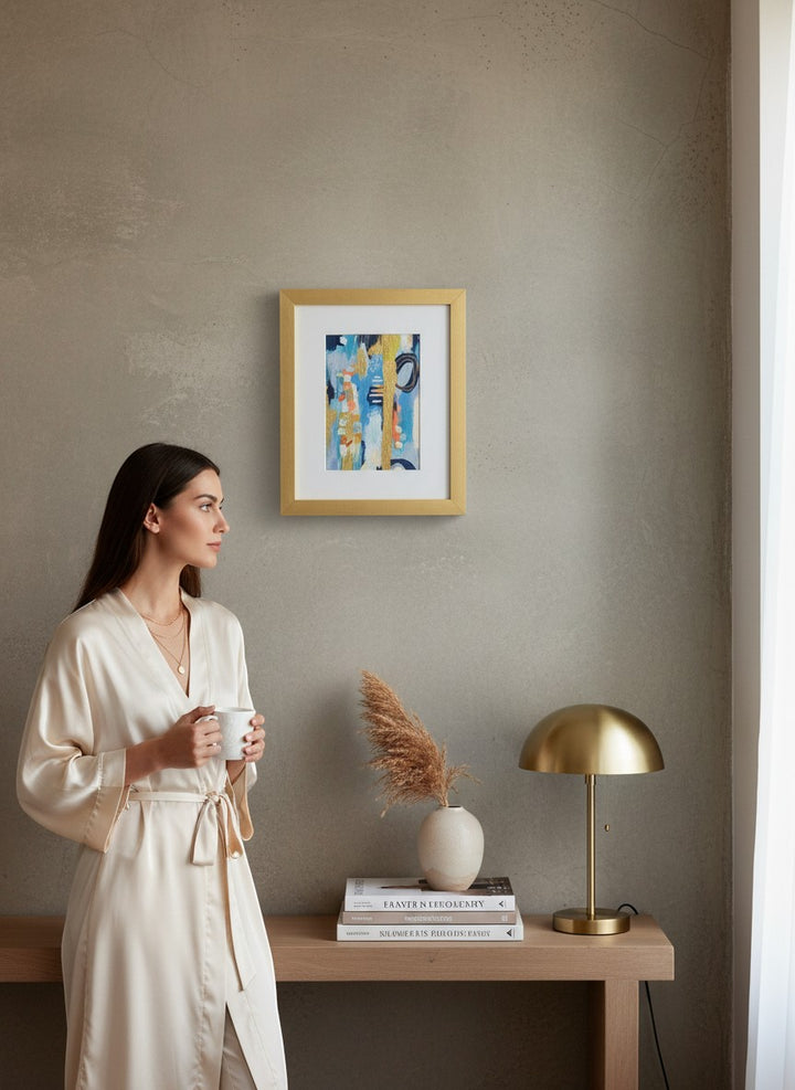 Chic Collective abstract artwork with coral, ivory, navy, sage, and blue hues, gold accents, framed vertically.