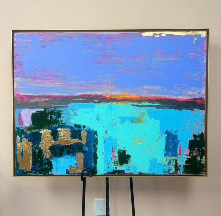 Chic Collective abstract artwork with vibrant turquoise water, purple and pink sky, and gold leaf accents. Textured impasto technique.