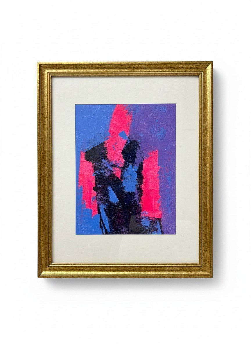 Chic Collective abstract figure wall art in gold frame, featuring bold pink, blue, and black brushstrokes.