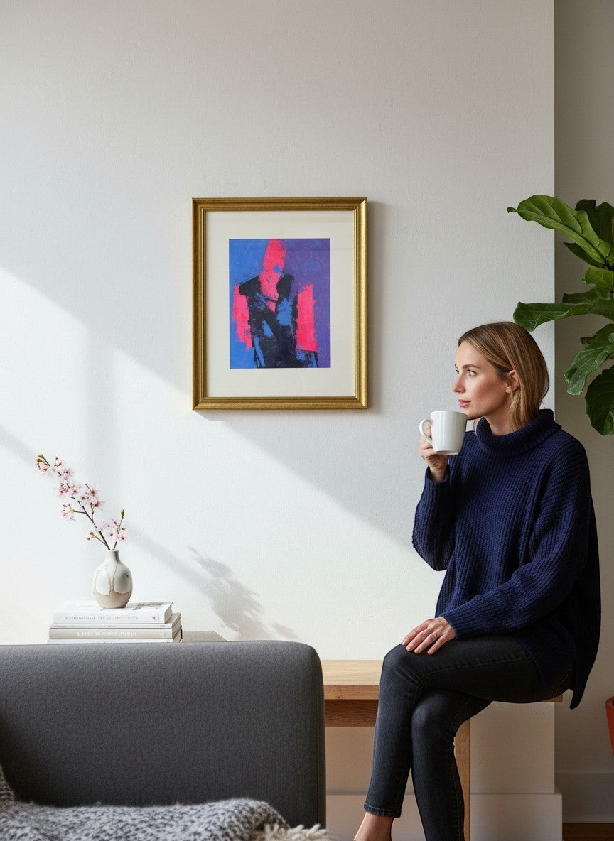 Chic Collective abstract figure wall art in pink, blue, and black, framed in gold.