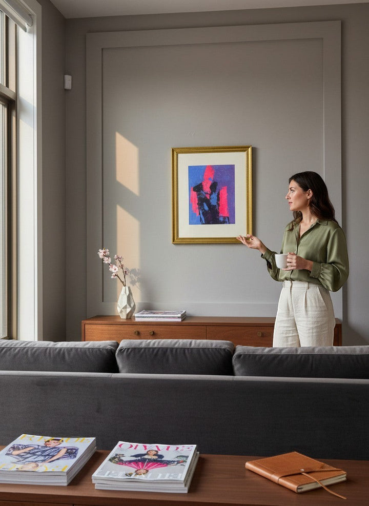 Chic Collective Abstract Figure framed wall art with pink, blue, and black abstract figure in gold frame.