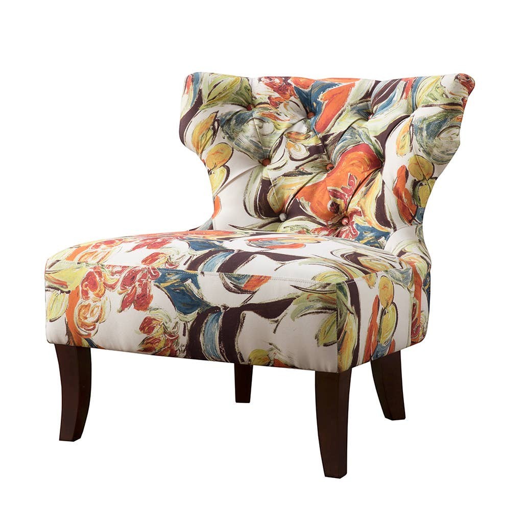 Chic Collective modern abstract floral print slipper chair with tufted back and dark wood legs.