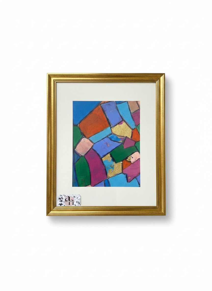 Chic Collective abstract geometric art with jewel tones, gold leaf accents, and charcoal outlines in a gold frame.