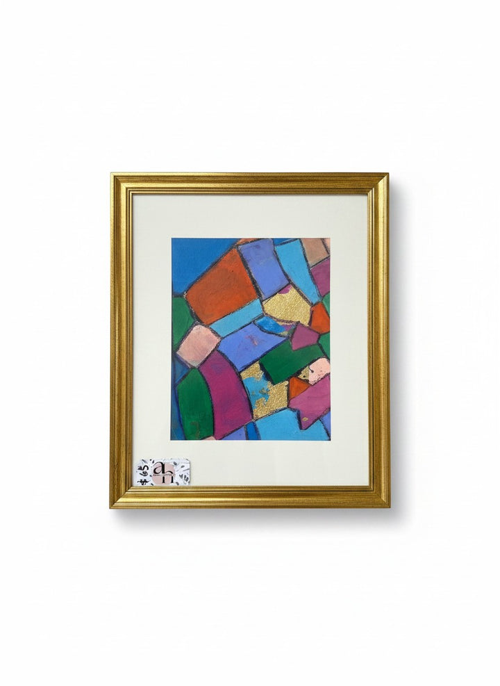 Chic Collective abstract geometric art with jewel tones, gold leaf accents, and charcoal outlines in a gold frame.
