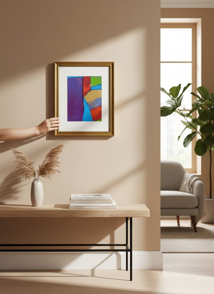 Chic Collective abstract painting with geometric shapes in violet, blue, red, green, and gold.