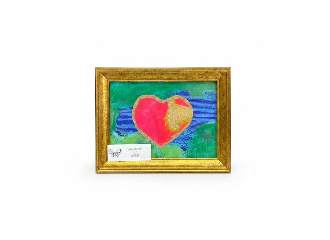 Chic Collective abstract heart painting with gold leaf texture, pink, blue, and green colors.