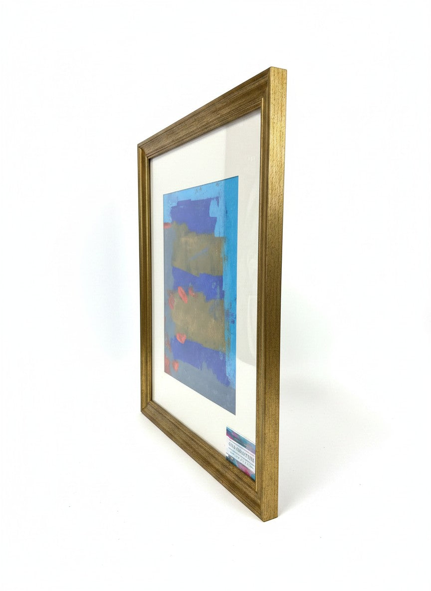 Chic Collective After Midnight abstract framed art with cobalt, indigo, gold, and crimson bands.