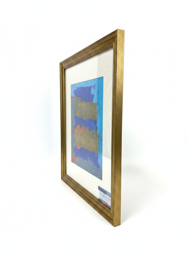 Chic Collective After Midnight abstract framed art with cobalt, indigo, gold, and crimson bands.