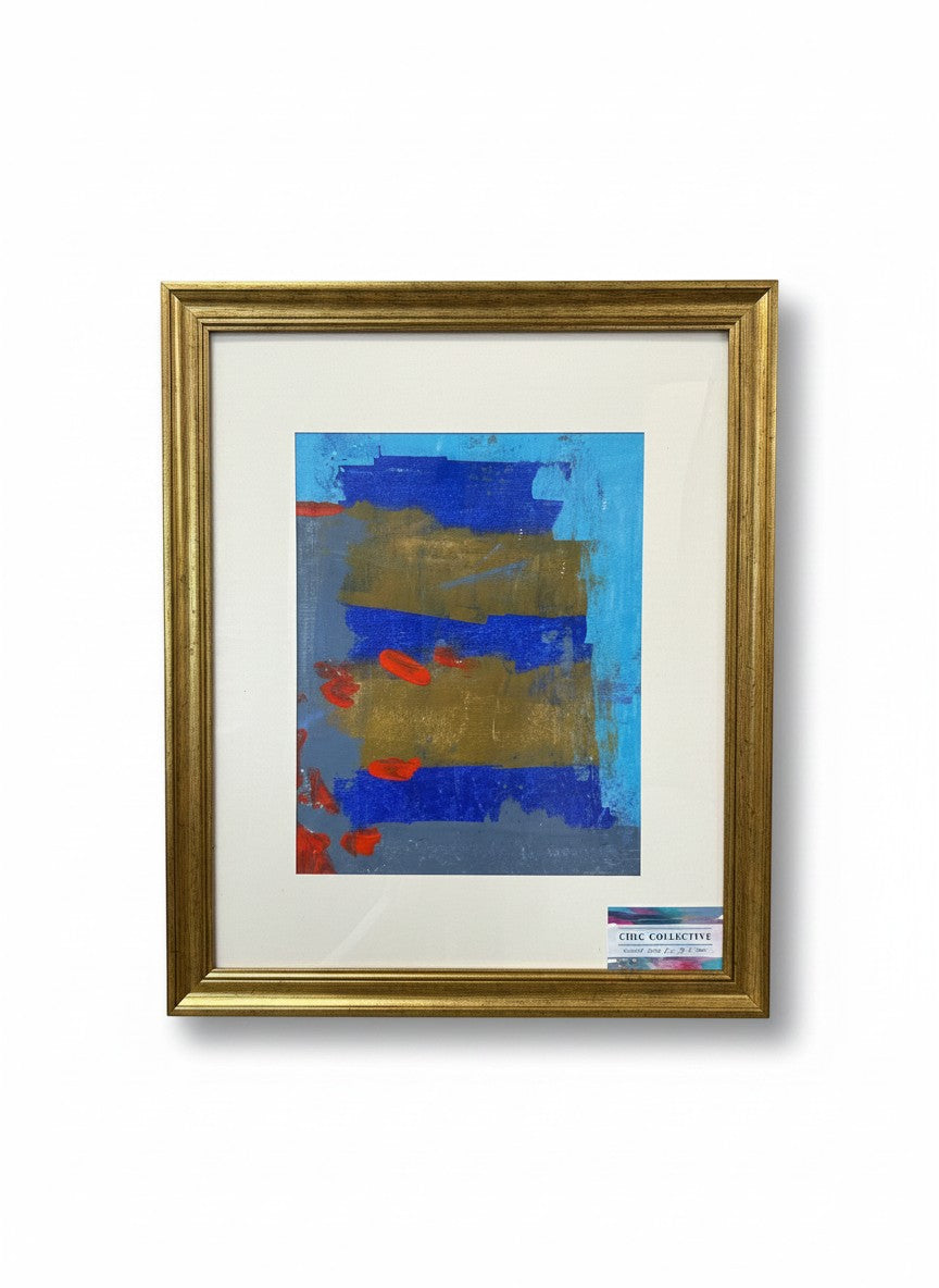 Chic Collective After Midnight abstract art painting with cobalt, indigo, gold, and crimson on canvas, framed.