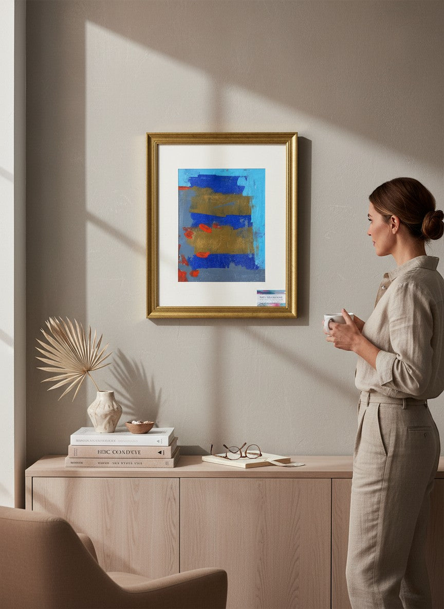 Chic Collective After Midnight abstract painting with cobalt, indigo, gold, and crimson bands, framed in gold.