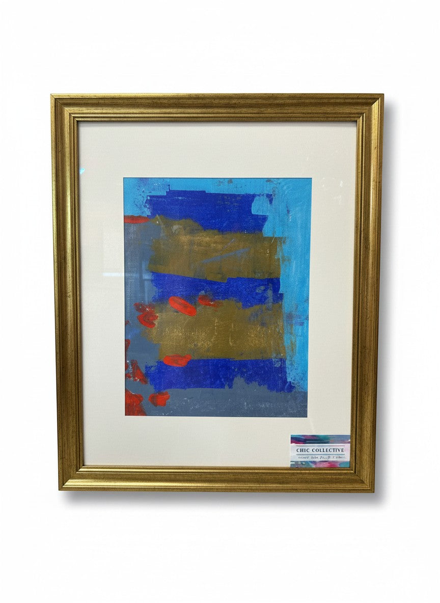 Chic Collective After Midnight abstract painting with cobalt, indigo, gold, and red hues. Framed in gold.