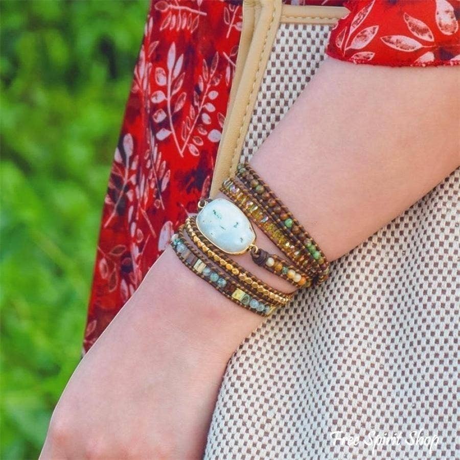 Chic Collective boho wrap bracelet with natural moonlight agate, jasper beads, and genuine leather.