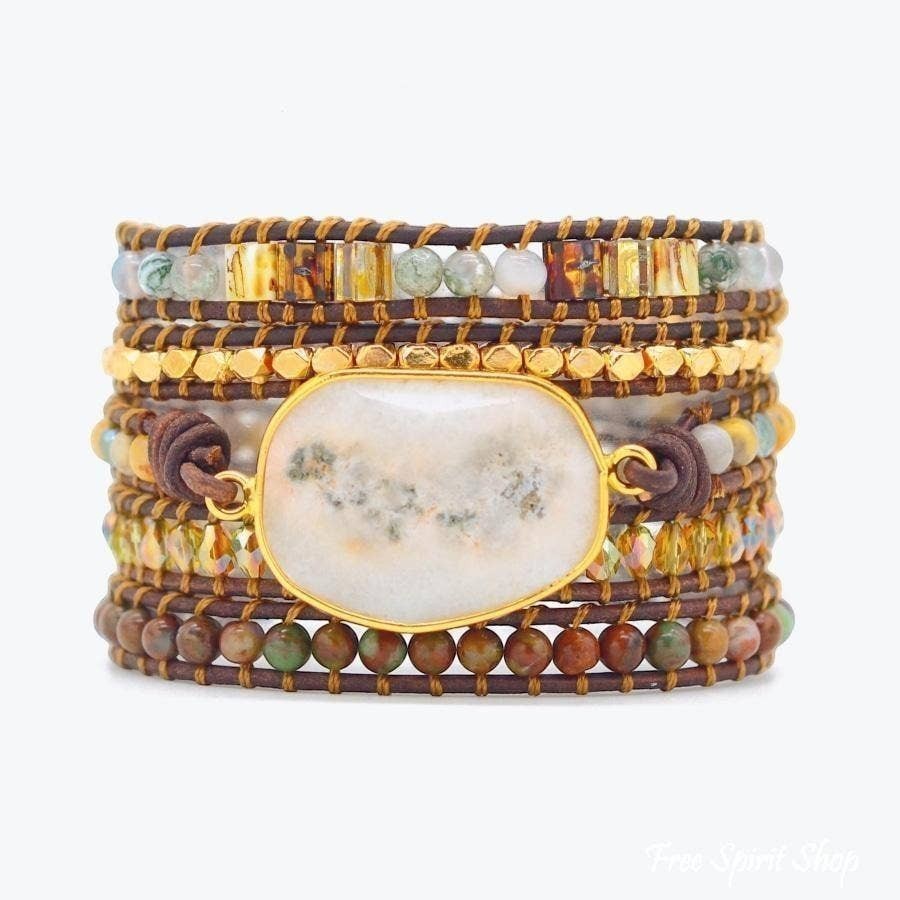 Chic Collective boho wrap bracelet with natural Moonlight Agate, Jasper beads, and genuine leather.