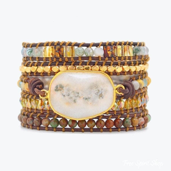 Chic Collective boho wrap bracelet with natural Moonlight Agate, Jasper beads, and genuine leather.