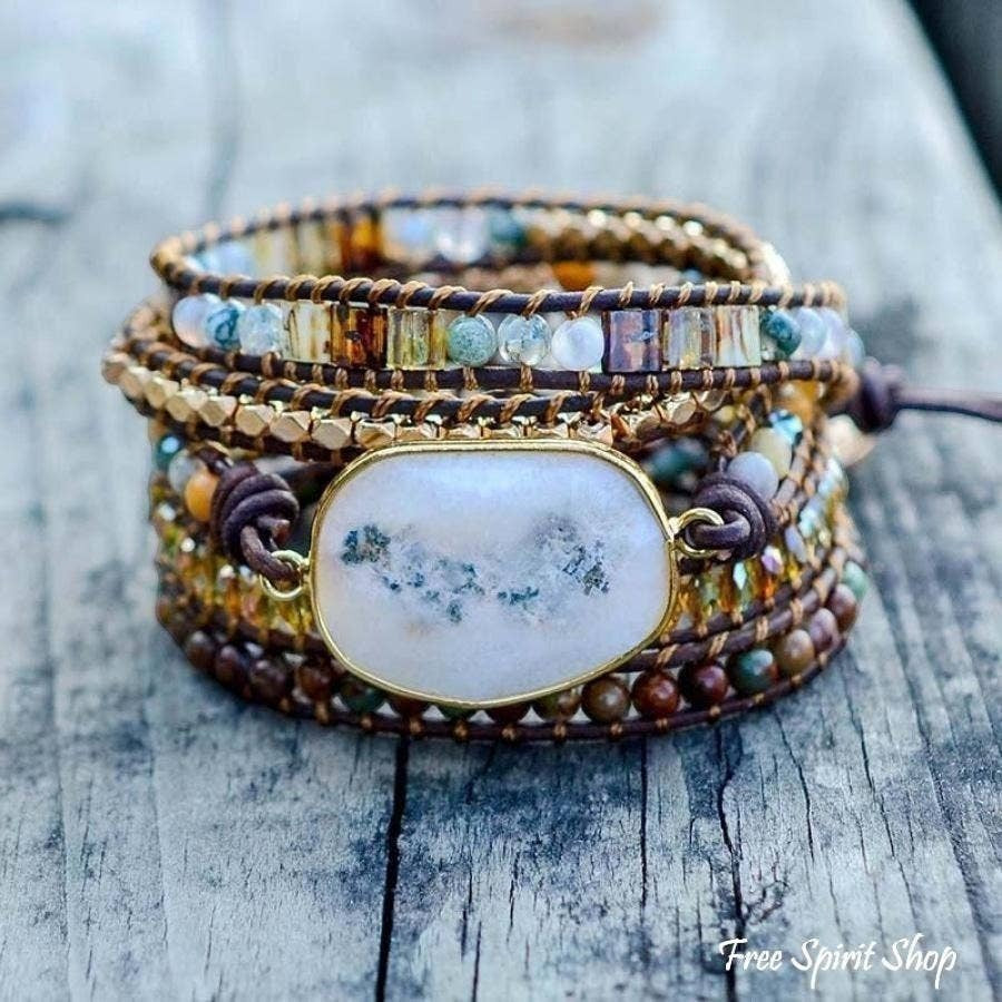 Chic Collective boho wrap bracelet with natural Moonlight Agate, Jasper beads, and genuine leather.