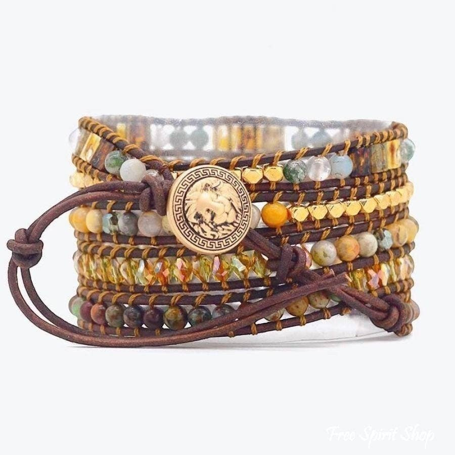 Chic Collective boho wrap bracelet with natural agate, jasper beads, and gold accents on genuine leather.