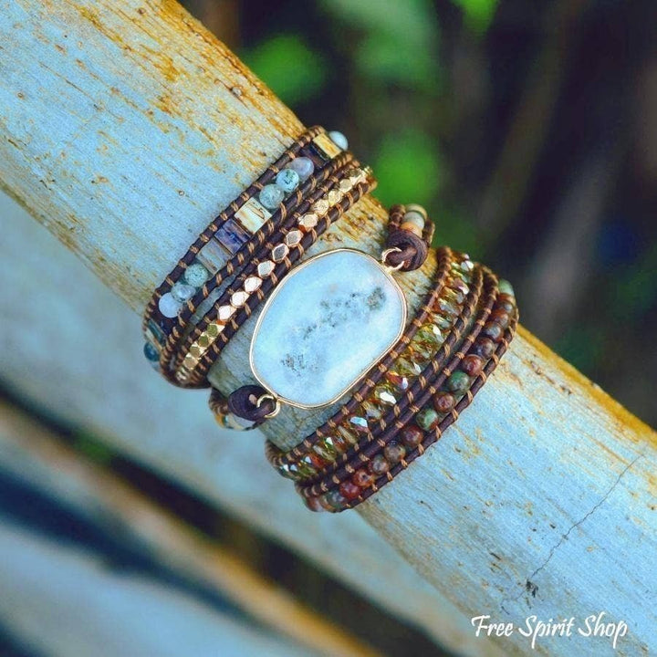 Chic Collective boho wrap bracelet with natural moonlight agate, jasper beads, and genuine leather.