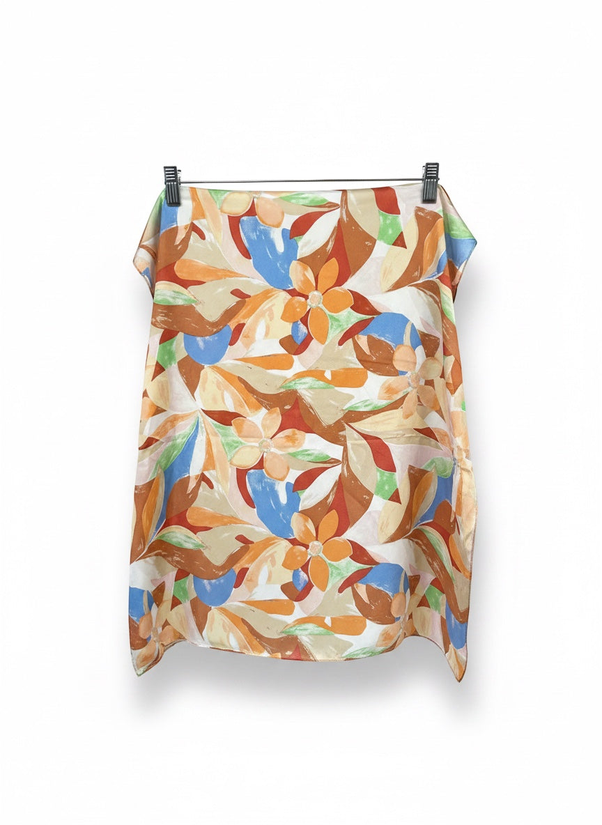 Chic Collective Amalfi Bloom Scarf: painterly floral print silk scarf in citrus, peach, blue, coral, and green.