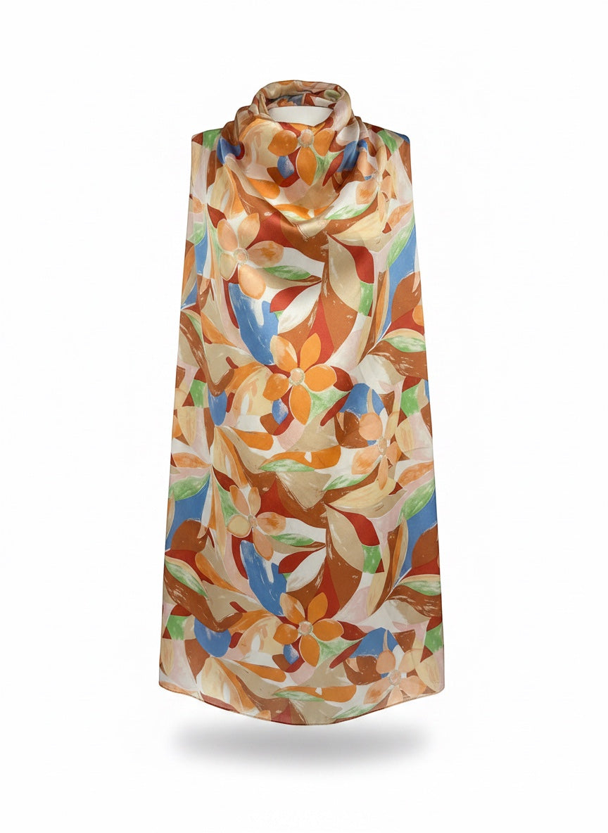 Chic Collective Amalfi Bloom Scarf: Silk scarf with painterly florals in citrus, peach, blue, coral, and green. Lightweight satin finish.