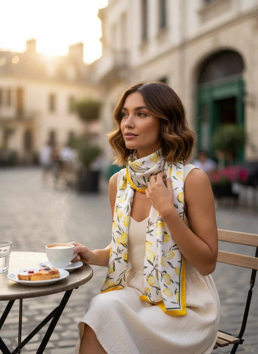 Chic Collective Amalfi Lemon Scarf: ivory satin scarf with watercolor lemons and green leaves, yellow border.