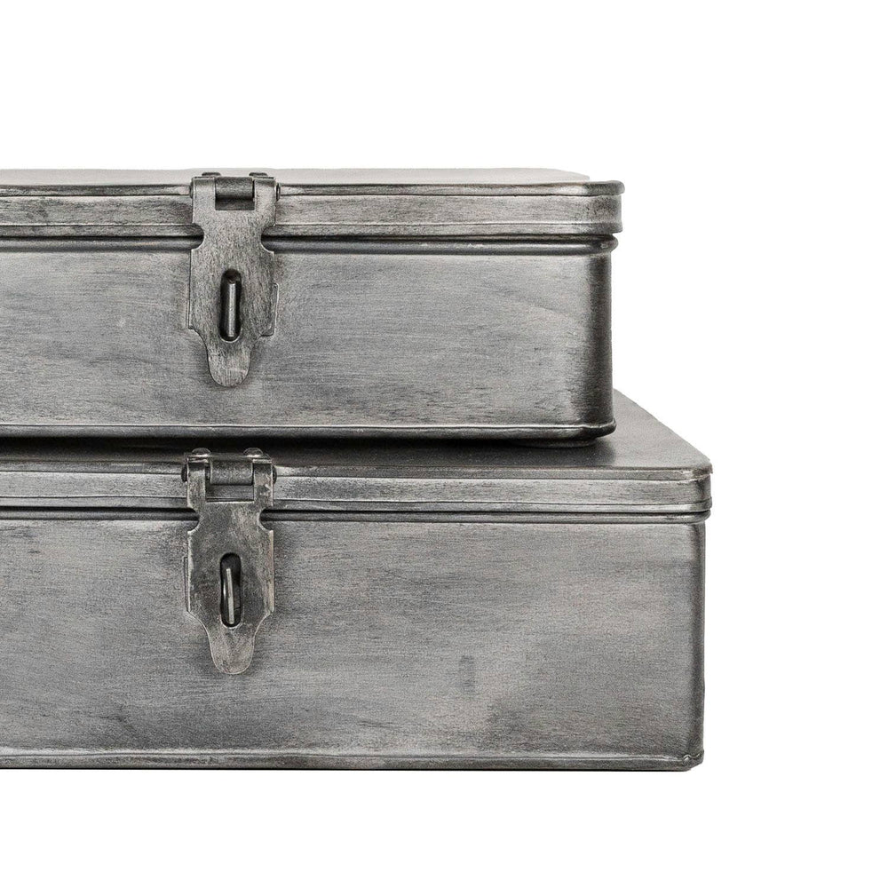 Chic Collective Pearl antique silver metal storage boxes set of 2, featuring hinged lids and latches.