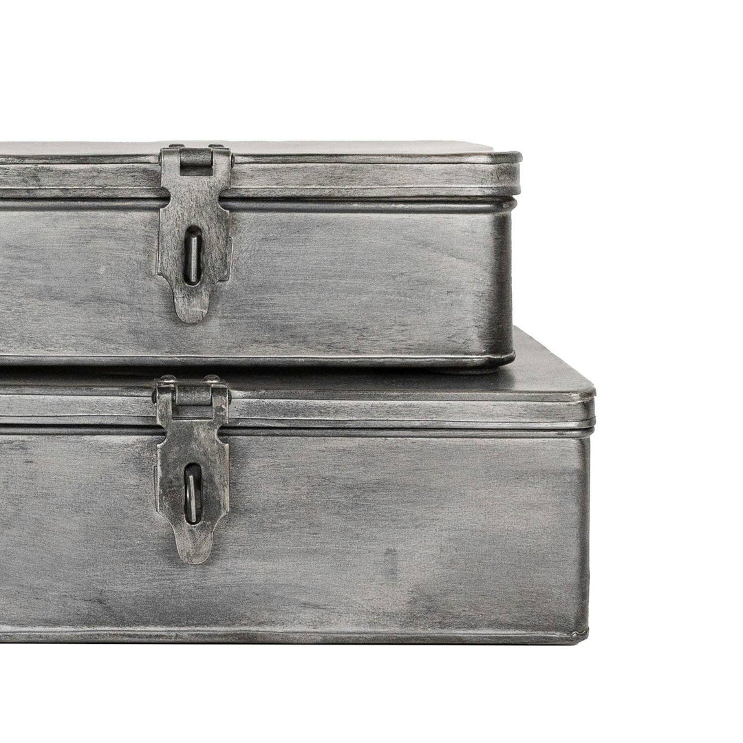 Chic Collective Pearl antique silver metal storage boxes set of 2, featuring hinged lids and latches.