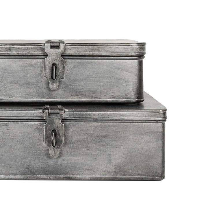 Chic Collective Pearl antique silver metal storage boxes set of 2, featuring hinged lids and latches.