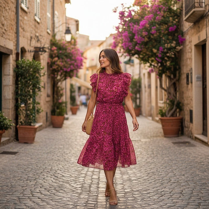 Chic Collective berry floral print midi dress with ruffled sleeves and tie waist, worn by a woman walking on a cobblestone street.