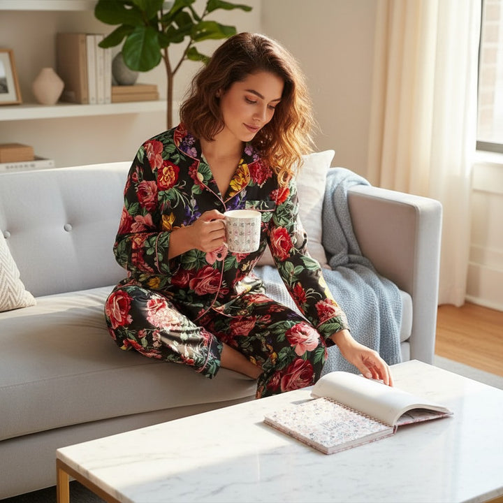 Chic Collective black satin floral print pajama set with pink piping. Model sits on a sofa holding a mug.