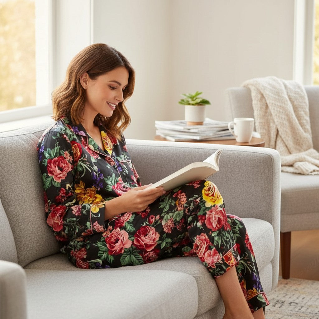 Chic Collective black satin pajama set with a vibrant floral print, featuring a collared top and matching pants. A woman reads on a sofa.
