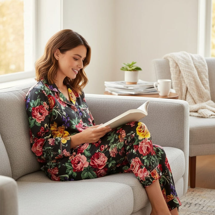 Chic Collective black satin pajama set with a vibrant floral print, featuring a collared top and matching pants. A woman reads on a sofa.