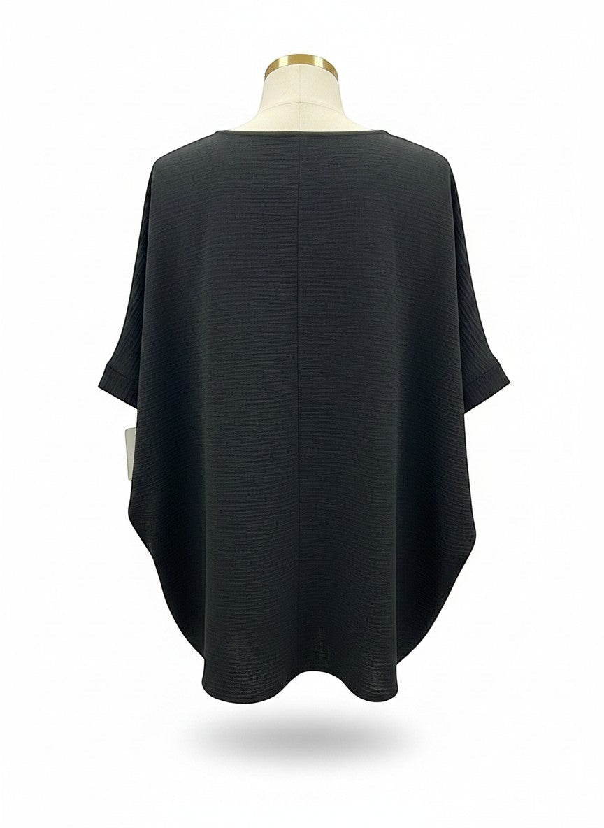 Chic Collective black textured V-neck dolman top with relaxed sleeves and a flattering silhouette.