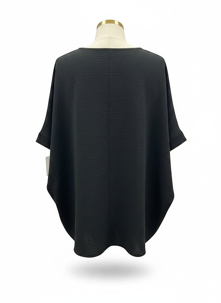 Chic Collective black textured V-neck dolman top with relaxed sleeves and a flattering silhouette.