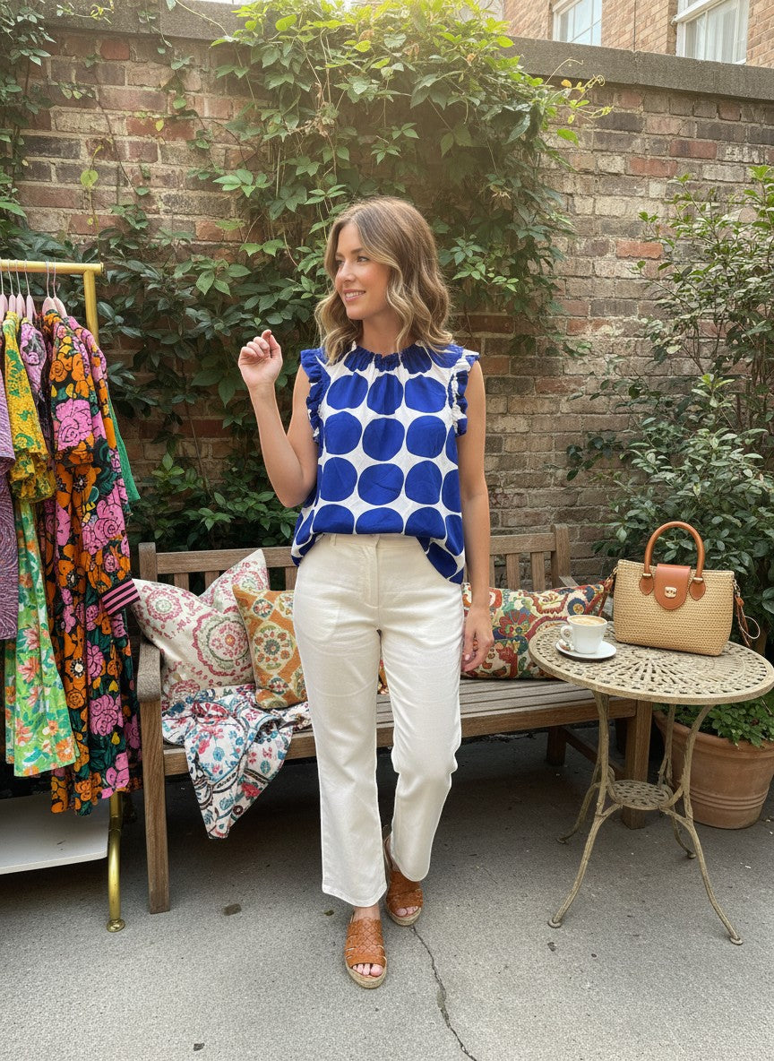 Chic Collective blue and white polka dot ruffle neck sleeveless blouse worn by a woman with white pants.