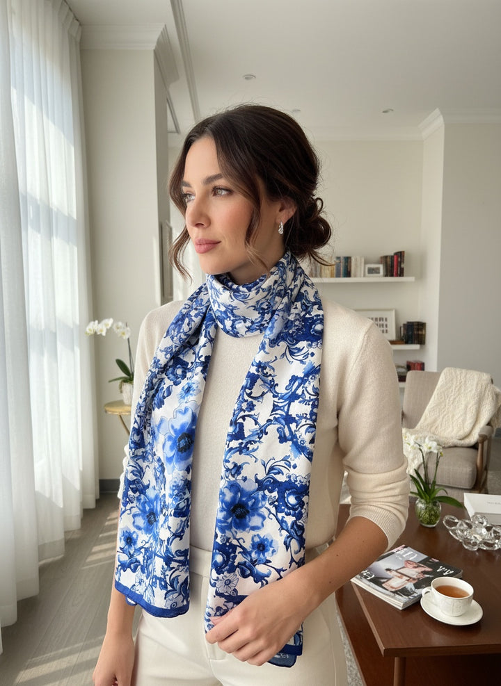 Chic Collective Blue Willow Bloom Scarf, a lightweight ivory scarf with intricate cobalt blue floral and botanical print.