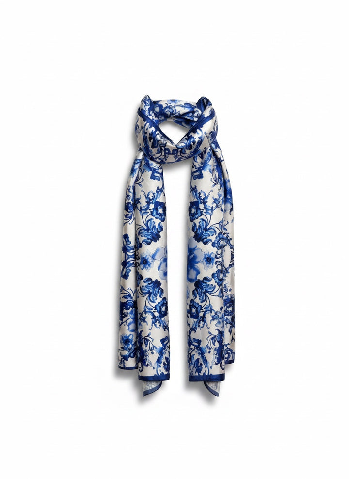 Chic Collective Blue Willow Bloom Scarf: Ivory with intricate cobalt floral pattern, lightweight, elegant drape.