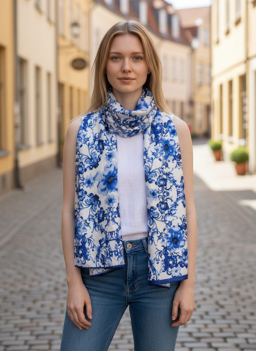 Chic Collective Blue Willow Bloom Scarf: a lightweight, rectangular scarf with a blue and white floral pattern, draped around a woman&