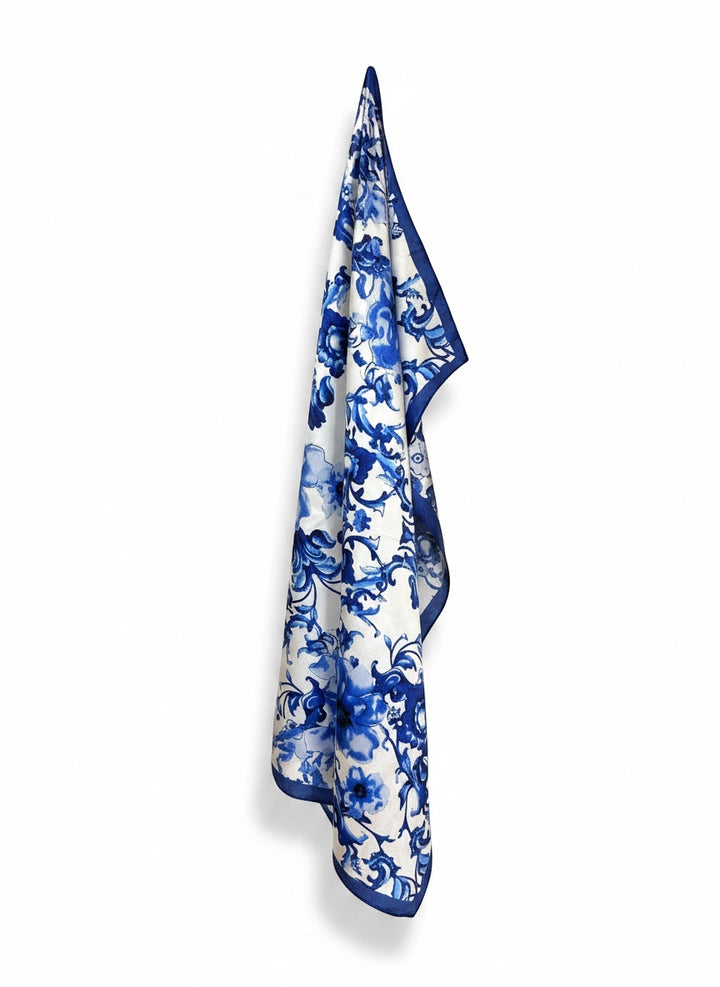 Chic Collective Blue Willow Bloom Scarf with intricate cobalt floral pattern on ivory background. Lightweight and elegant.
