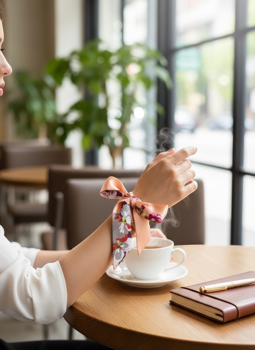 Chic Collective Blush Bloom Ribbon Tie, a silky floral scarf tied around a wrist, featuring blush, plum, ivory, and coral flowers.