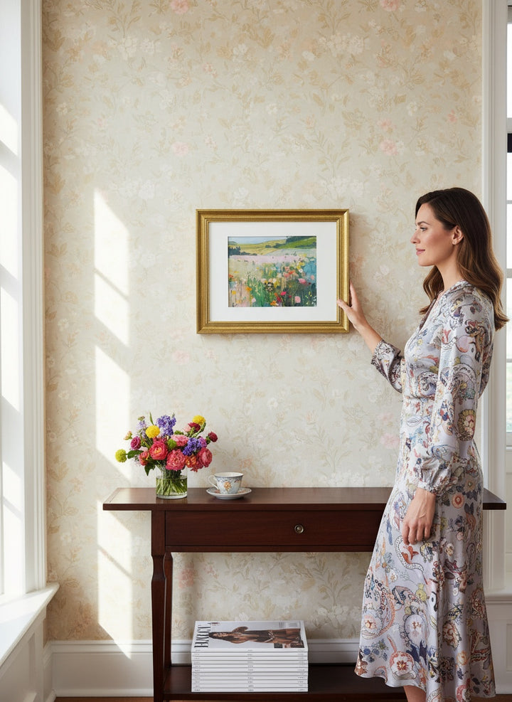 Chic Collective Blush Meadow framed artwork featuring a painterly landscape of wildflowers in sage green, dusty blue, blush, yellow, and lavender.