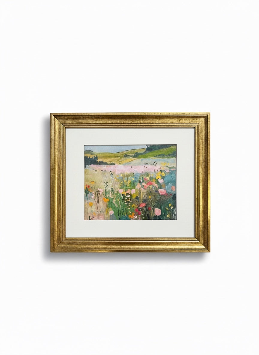 Chic Collective Blush Meadow framed painting of a serene meadow with wildflowers in sage green, dusty blue, blush, yellow, and lavender.