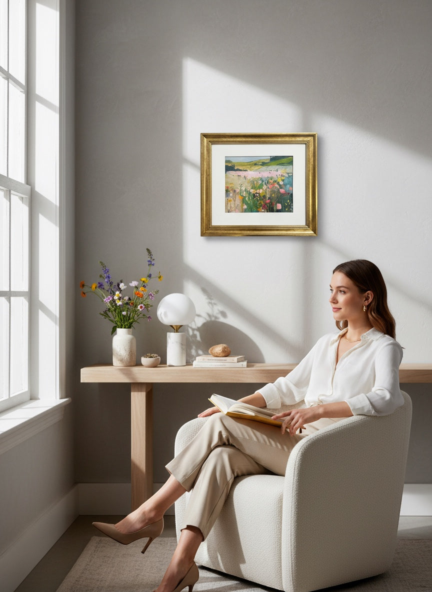 Chic Collective Blush Meadow framed artwork of a serene countryside landscape with wildflowers in sage green, dusty blue, blush, yellow, and lavender.