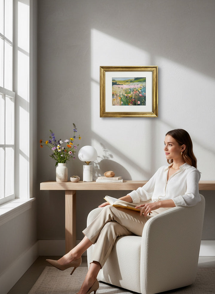 Chic Collective Blush Meadow framed artwork of a serene countryside landscape with wildflowers in sage green, dusty blue, blush, yellow, and lavender.