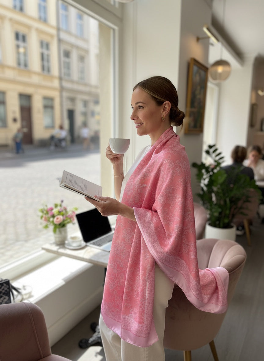 Chic Collective blush pink scarf with ivory floral toile pattern, silky sheen and fluid drape.