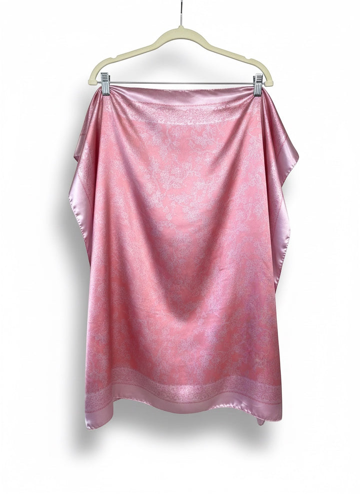 Chic Collective blush pink satin scarf with ivory floral toile pattern and ornate border detail.
