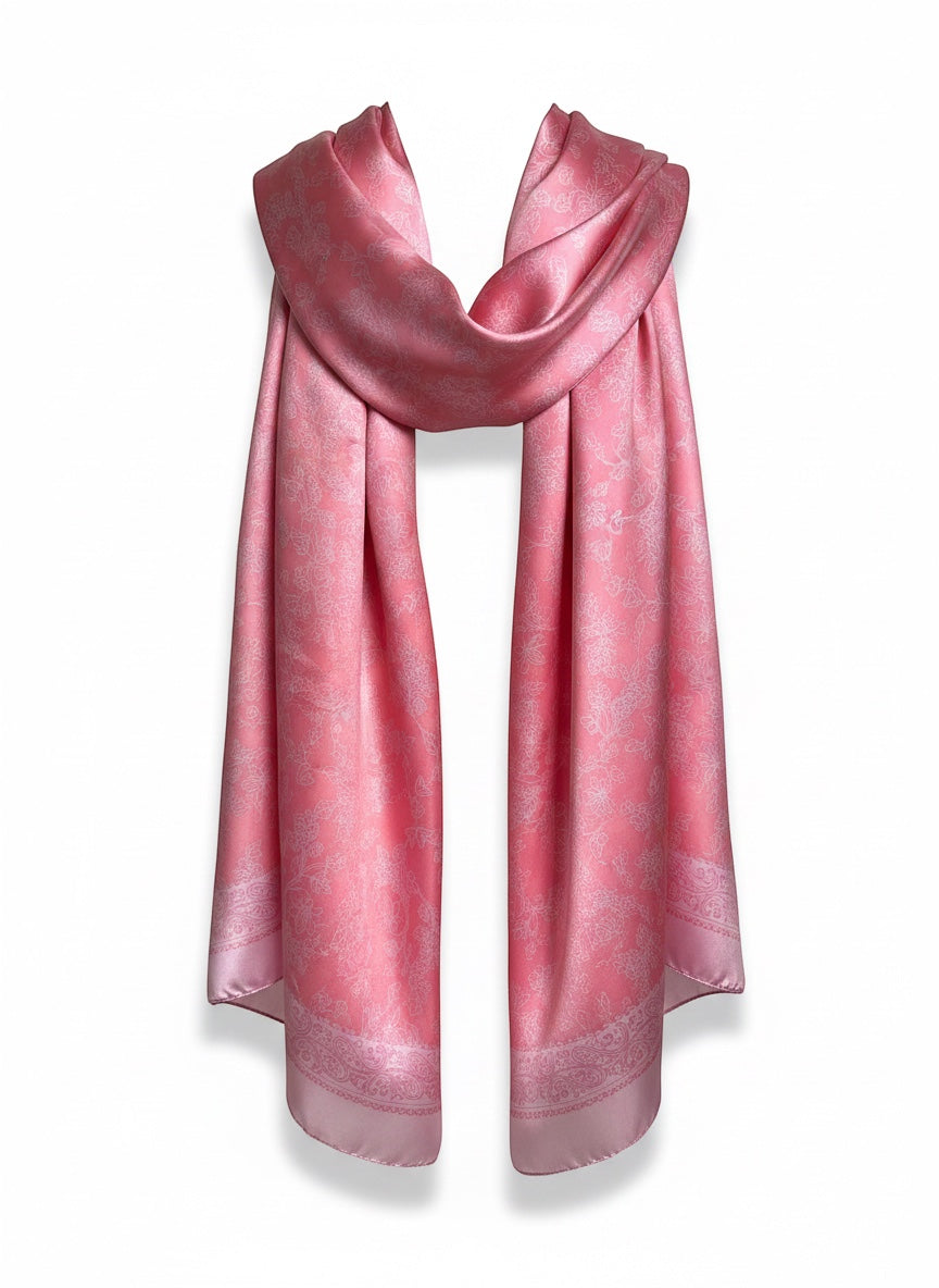 Chic Collective blush pink silk scarf with ivory floral toile pattern and ornate border. Elegant and feminine.