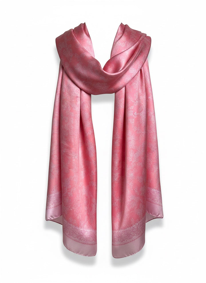 Chic Collective blush pink silk scarf with ivory floral toile pattern and ornate border. Elegant and feminine.